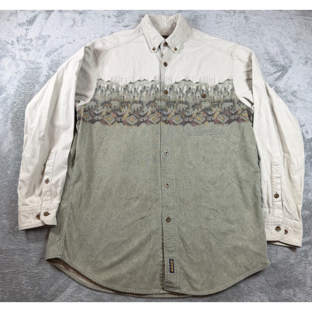 Vtg Woolrich Bear Forest Aztec Western Shirt Men's L Button Front Outdoors 90s - Picture 1 of 7
